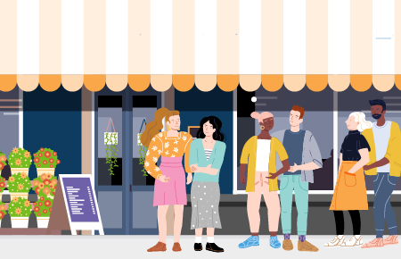 Patrons standing in front of store