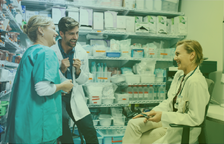 Physicians and nurses gathered in medical storage room
